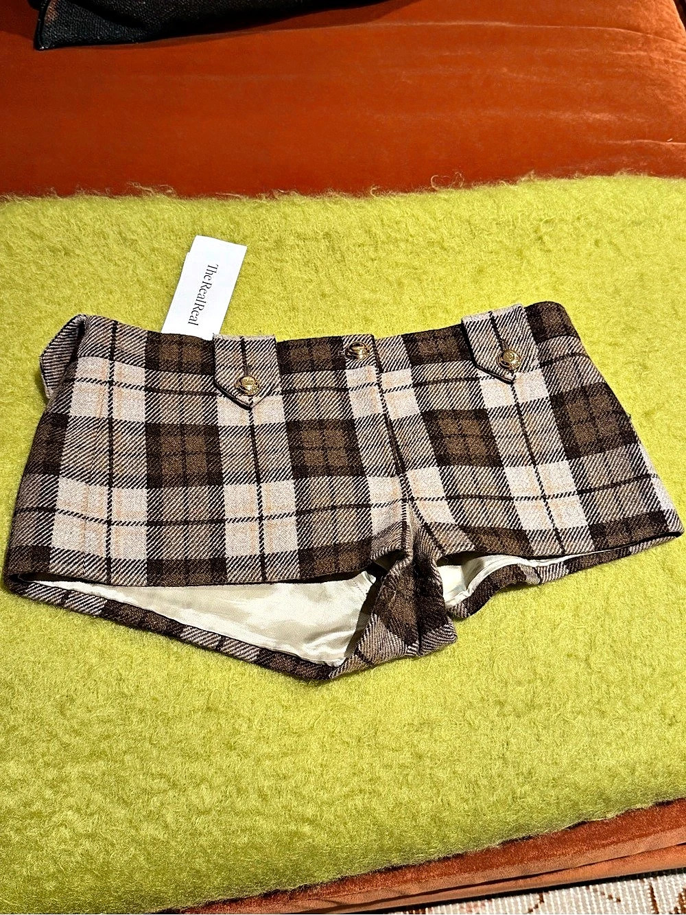 Miu Plaid Wool Micro Shorts Skort in Brown & White
